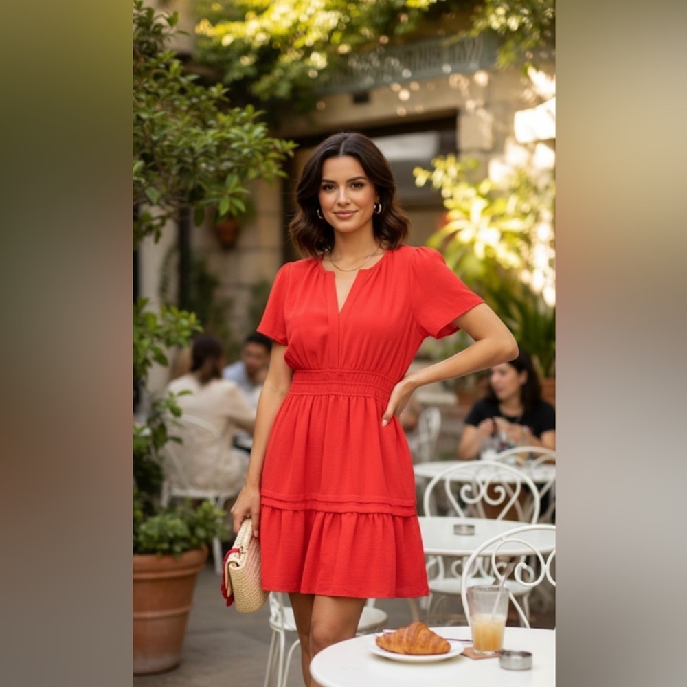Vibrant Red V-Neck Sundress with Tiered Skirt